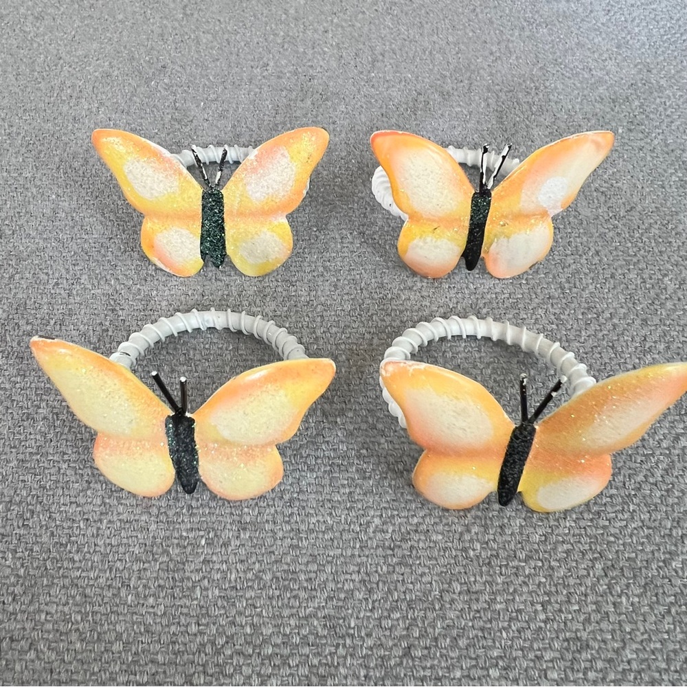 Vintage Set of 4 Painted Yellow Glitter Metal Butterfly Napkin Rings